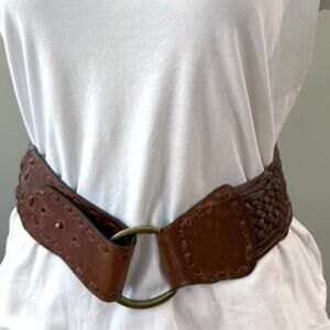 Braided Belt Size 35 Brown Leather Wide Width Brass Buckle Boho Renaissance